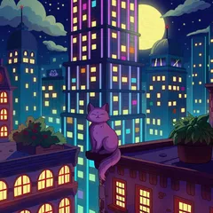 A purple cat on a rooftop ledge among potted plants, neon skyscrapers with warm yellow windows and a full moon in a teal night sky
