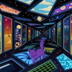 A purple cat standing in a neon space corridor lined with portal windows into other worlds: a waterfall, a city, a desert sunset, a snowy peak